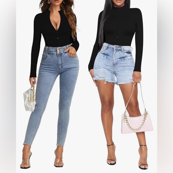 Long Sleeve Body Suit Mock Turtle Neck Zip Up Bodysuit color black size medium - Picture 3 of 4